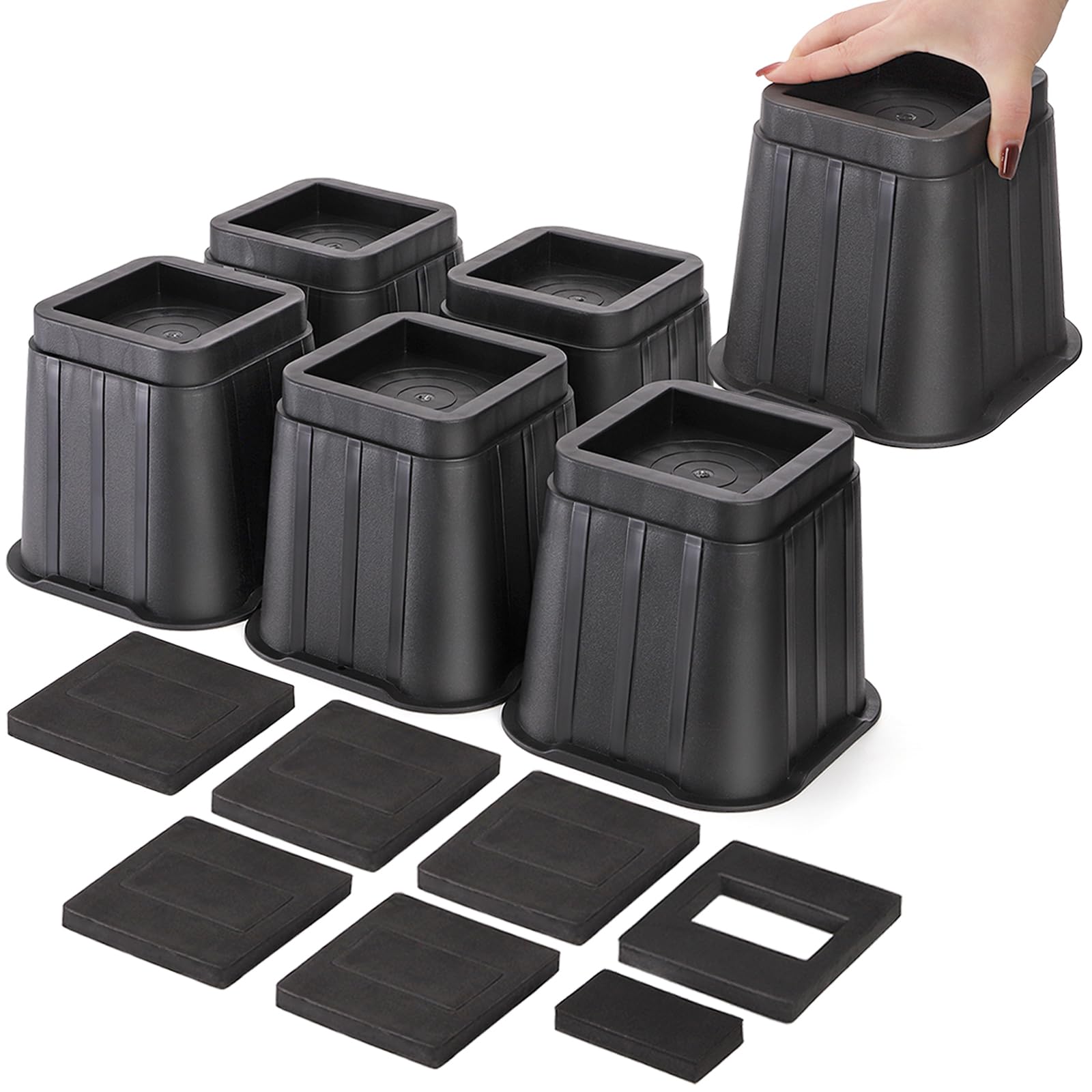 Photo 1 of Coloch 6 Pack 5 Inch Bed Furniture Risers, Black Heavy Duty Furniture Frame Lift Square Bed Leg Elevator for Bed, Couch, Desk, Chair, Sofa, Table, Support up to 3000 Lbs