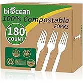 Biocean 100% Compostable Forks 180 Count Disposable Forks bulk Utensils Set Heavy Duty Fork Silverware Eco Friendly Flatware for Party Camping Picnics Wedding-Ivory White