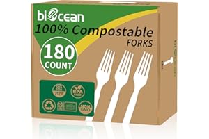 Biocean 100% Compostable Forks 180 Count Disposable Forks bulk Utensils Set Heavy Duty Fork Silverware Eco Friendly Flatware for Party Camping Picnics Wedding-Ivory White