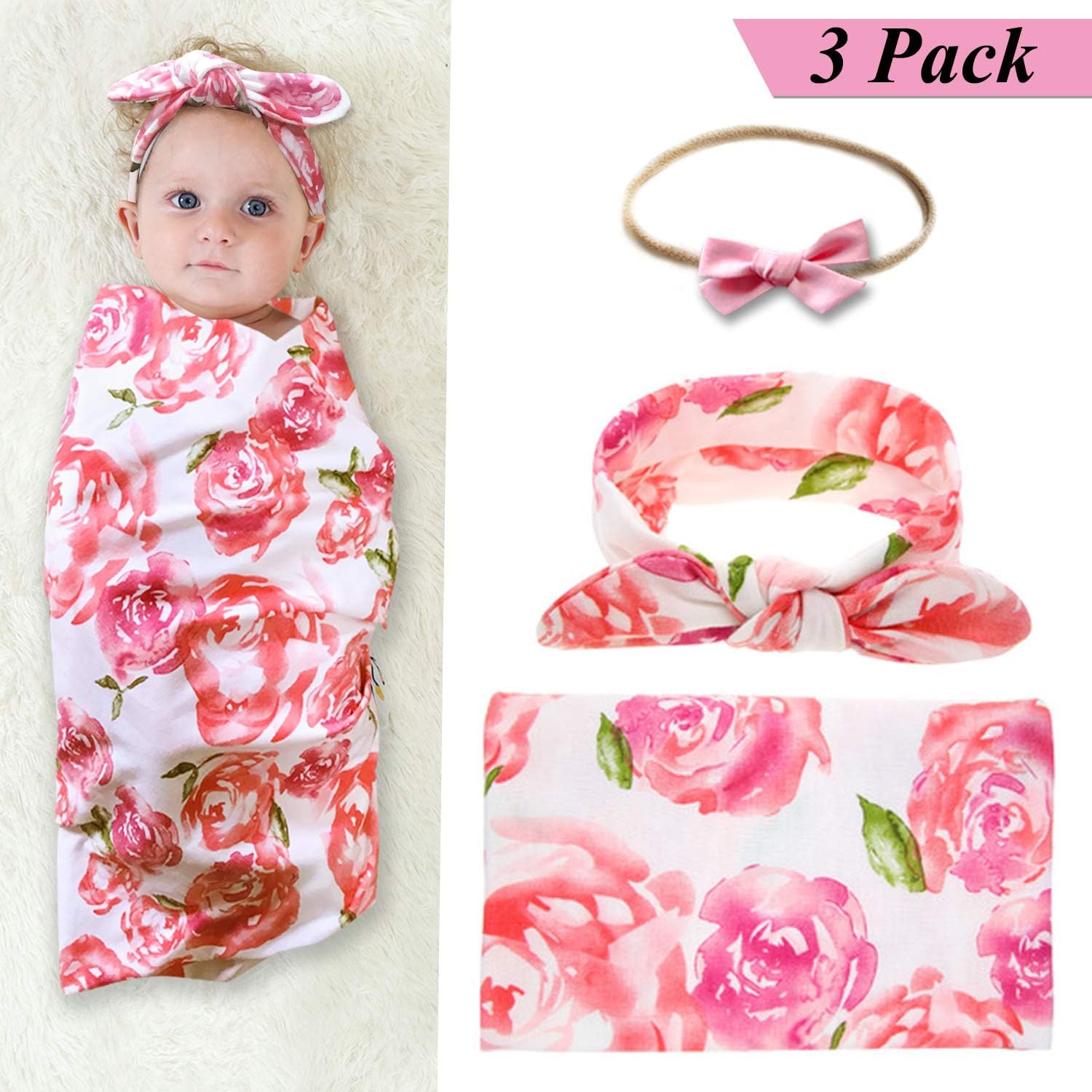 junsu Newborn Receiving Blankets Flower Print Baby Swaddle Blanket with Headbands (A#)