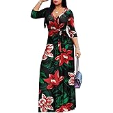 AOMONI Women's Floral Print Maxi Dresses Summer with Pockets Casual 3 4 Sleeve V-Neck Wrap Tie Waist Long Dress, M-3XL
