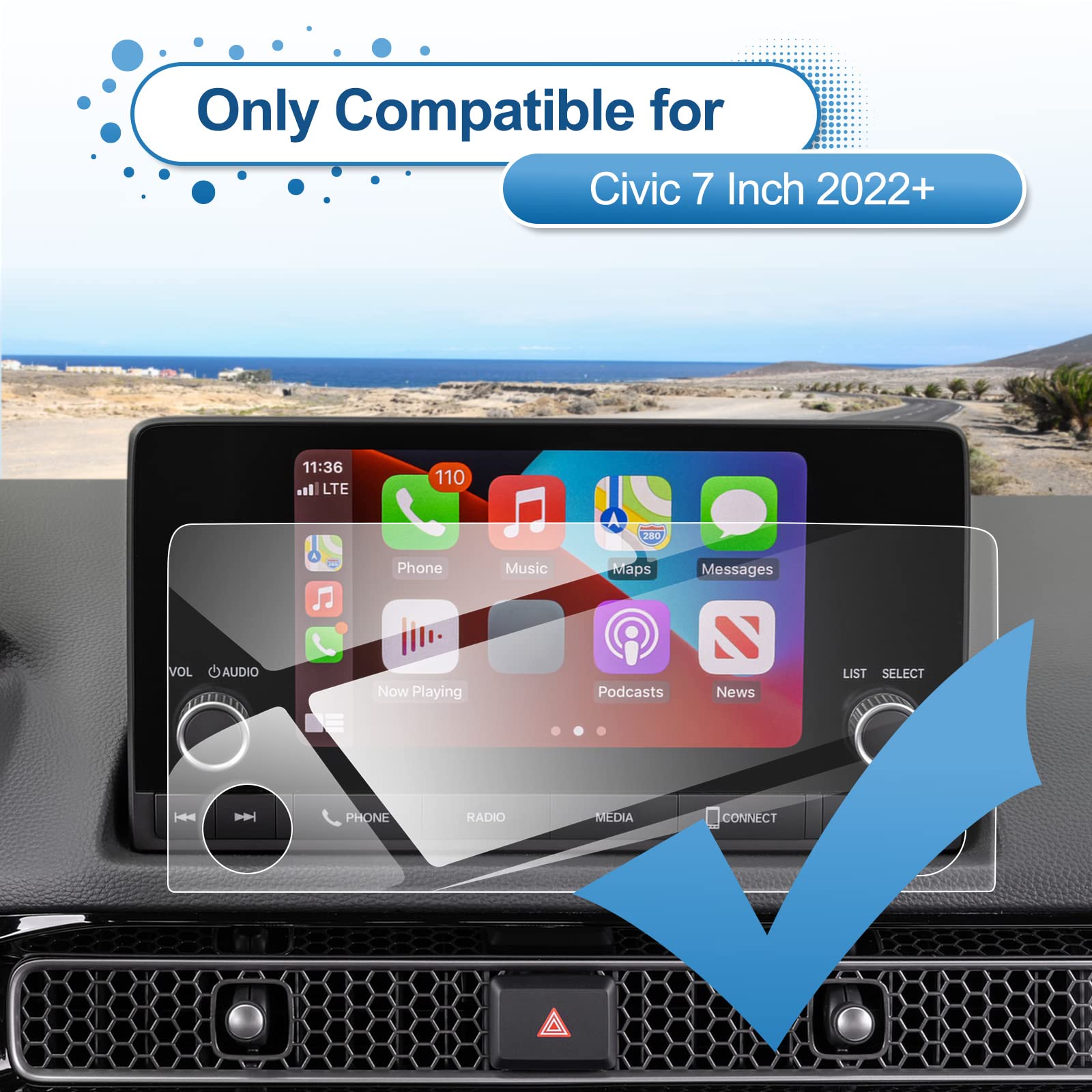 2022-2025 2026 Civic Screen Protector for Honda Civic (LX/EX/EX-L/Sport/Sport Hybrid) 7-inch Touchscreen, 9H Tempered Glass 2023 2024 2025 Civic Hatchback Sedan Accessories HD Transparent 7