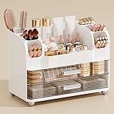 Makeup Organizer for Vanity with 2 Large Drawers, Cosmetic Display Case with Brush Holders, Easy to Storage for Bathroom Countertop Skincare, Perfume, White