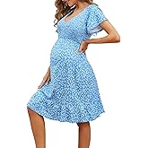 Domee Maternity Dress Floral Print V-Neck Midi A-Line Shirred Short Sleeves Ruffled Flowy Summer Boho Baby Shower Photoshoot