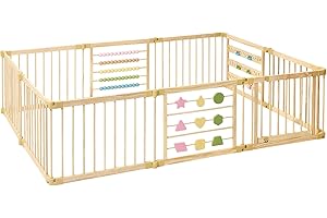 ZETY BABY ZETY Natural Wood Baby Playpen – 8 or 10 Panel Foldable Play Yard with Door Panel and Built-in Toys, CPC Certified & SGS Tested