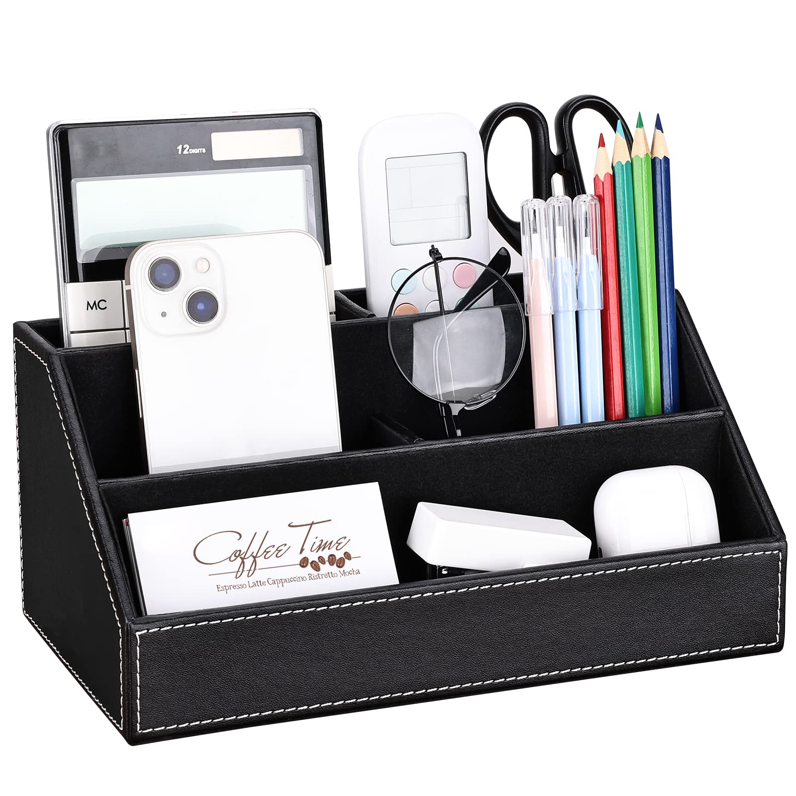 PU Leather Desk Organiser, Pen Holders Desk Tidy Organiser Set, office Pen Pot for Desk (M-Black)