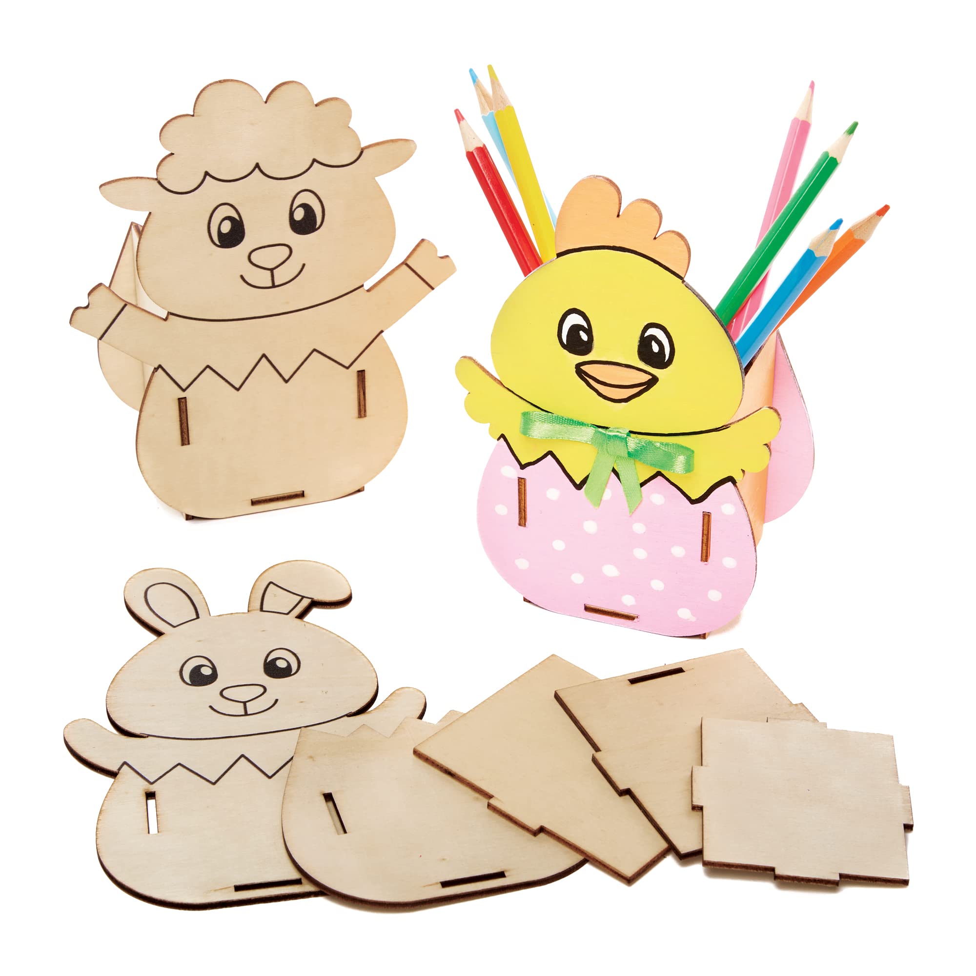 Baker Ross FX534 Easter Wooden Pen Pot Kits - Pack of 3, Easter Wood Craft Kits for Kids