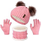 Senker Fashion Winter Beanie Kids Hat and Gloves Set for Girls Boys Toddler Pompom Knit Fleece Lined for Cold Weather
