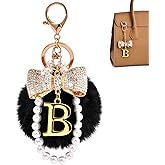 HONYJOOM Gold Initial Keychain with Rhinestone Bow & Black Pom Pom, Cute Letter Bag Charm for Women Purse and Car Keys