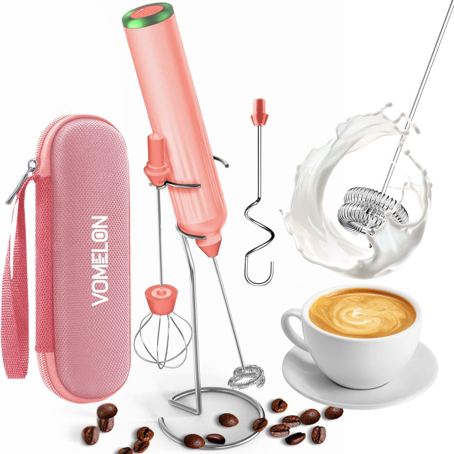 Photo 1 of Milk Frother Handheld with 3 Stainless Steel Whisks, Rechargeable Electric Drink Mixer with Stand & Travel Case, Milk Foamer for Coffee, Latte, Cappuccino, Hot Chocolate, Egg,Jam Supplement-Pink