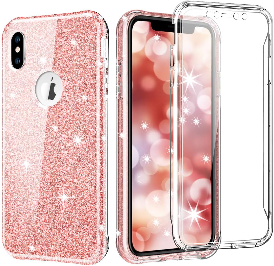 Hocase iPhone Xs Max Case with Built-in Screen Protector, Hard Front Casing+High-Impact TPU Rubber Bumper Shockproof Full Body Protective Phone Case for iPhone Xs Max 6.5 2018 - Glitter Rose Gold