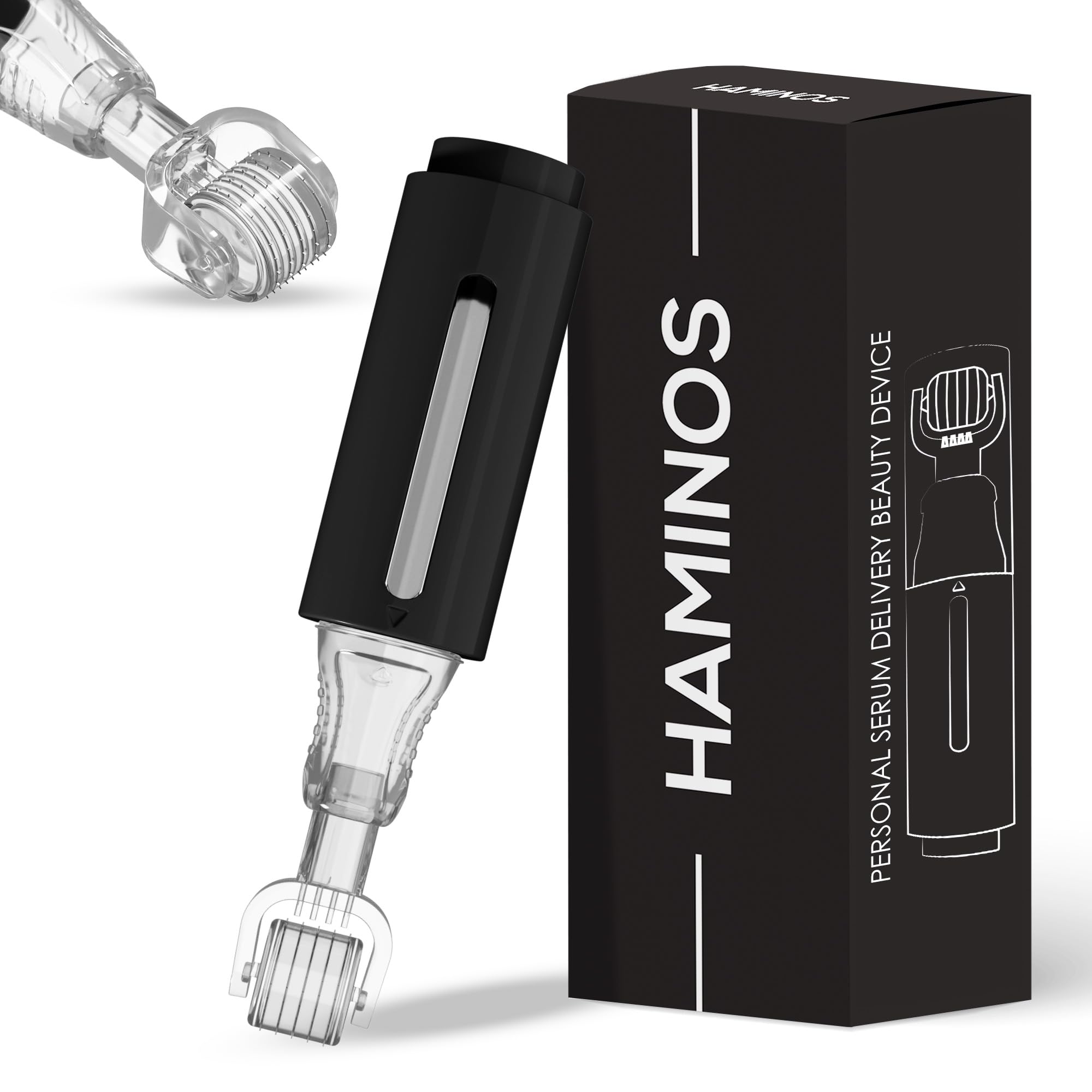 HAMINOS Derma roller 0.5 mm with Reservoir for Hair, Beard, Skin, Wrinkles, Stretch Marks, Hyperpigmentation INSTANT SERUM APPLICATION, 105 Titanium Needles