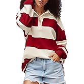 Amiblvowa Rugby Shirt Women Striped Collared Long Sleeve Polo Shirts Oversized Color Block Sweatshirt Vintage Pullover Top
