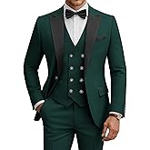 WULFUL Men's 3 Piece Suits Slim Fit Tuxedo Suit Set Double Breasted Suit Jacket Vest Pants Set for Wedding Prom