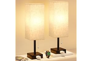 FENMZEE Bedside Table Lamps for Bedroom Set of 2 - Small Rectangular Nightstand Lamp with AC Outlet Charging Port, 3 Color Temperatures Desk Light with Bulb, Tabletop Reading Lamp for Living Room/Dorm/Office