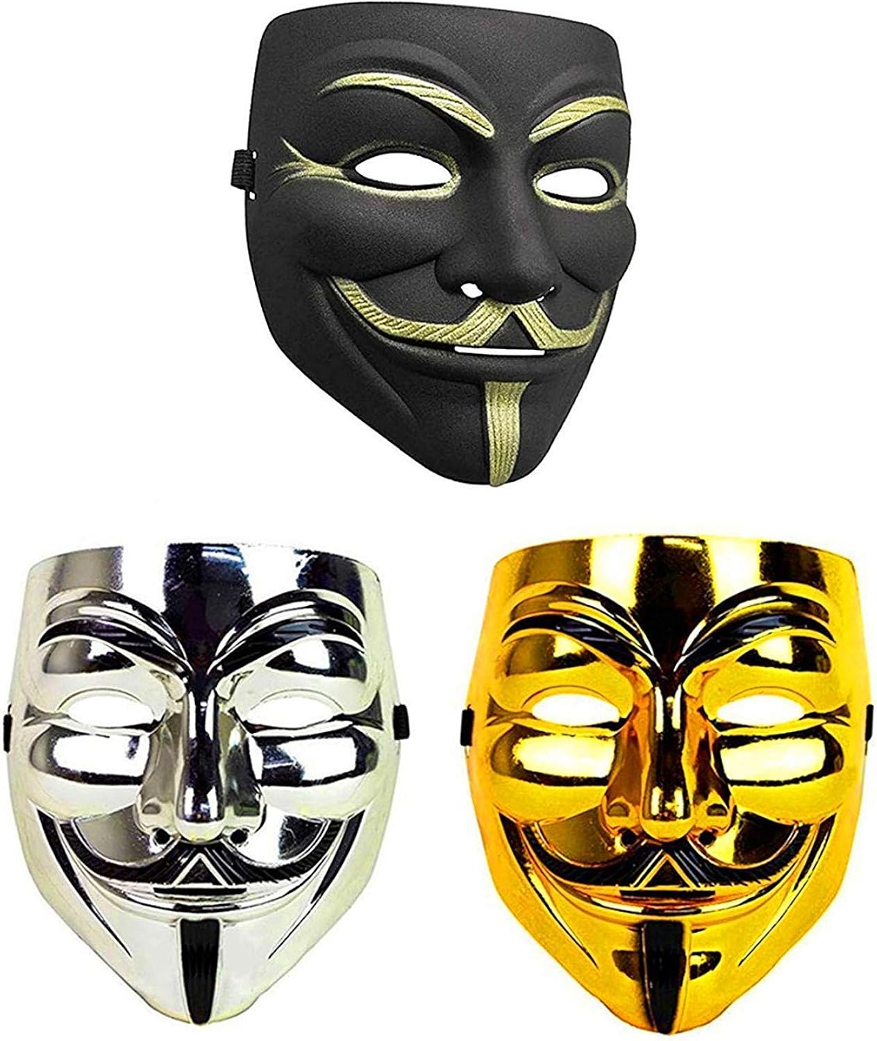 EASTF 3 Pack V for Vendetta Mask Guy Fawkes Anonymous Mask Gold