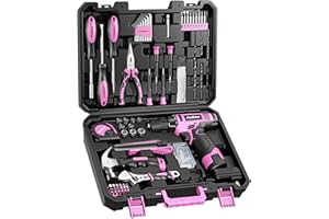 PULITUO Drill Set, 148-Piece Home Tool Set with 12V Pink Cordless Drill, Hand Tool Kits, and Tool Box, Suitable for Men, Women, and DIY Enthusiasts for Home Improvement.