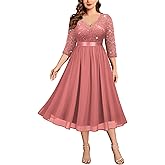 MISSMAY Women's Plus Size Sequins Lace Sleeves V-Neck Midi A-Line Cocktail Dresses