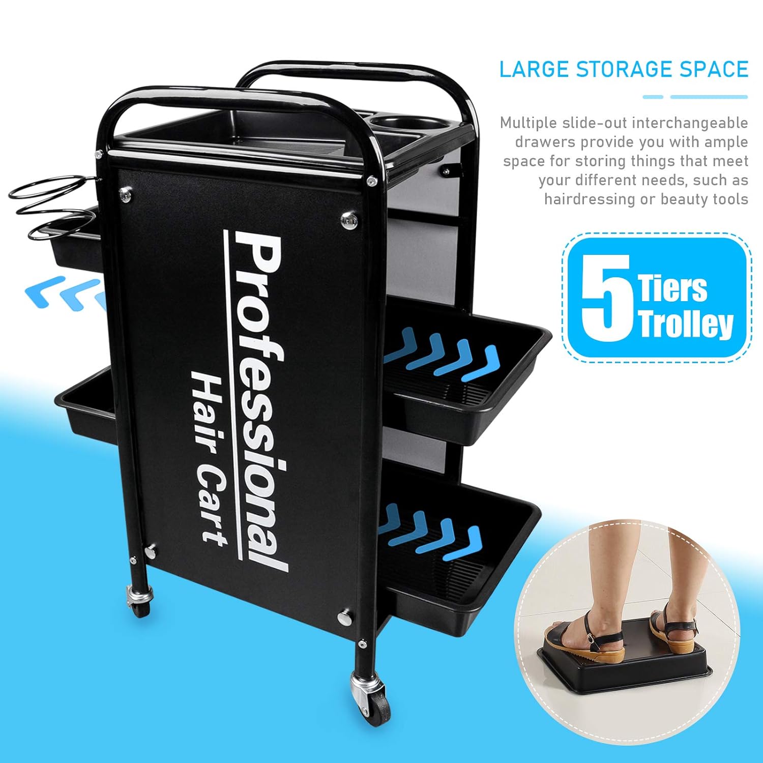Kalolary 5 Tier Salon Rolling Trolley Cart, Metal Hair Salon Instrument Storage Cart, Bilateral Tray Multipurpose Tool Cart Mobile Storage Organizer for Beauty SPA Tattoo Salon: Beauty