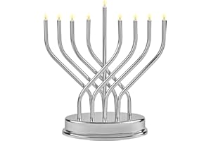 The Dreidel Company Hanukkah Silver Menorah Low Voltage Battery Powered Contemporary Metal Designed Menorah, LED Bulbs Electric, 10.6 Inches Tall