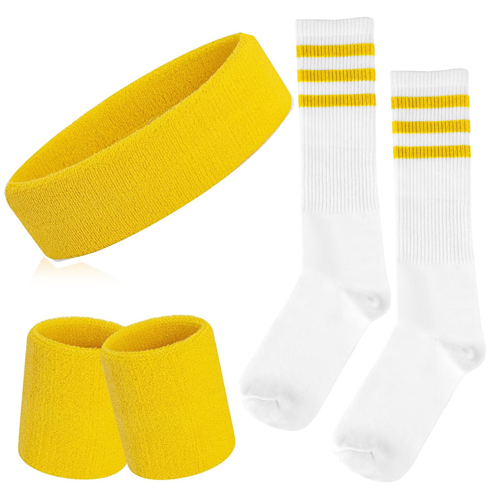 ONUPGO 5 Pieces Striped Sweatbands and Socks Set Sports Striped Headband Wristbands Sweatbands Striped High Sock for Men Women Sports and 80s Party (Yellow/White/Yellow) — image 1