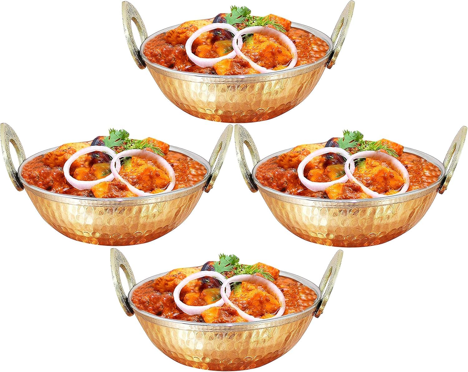 Rastogi Handicrafts Set of 4, Indian Copper Serveware Karahi Vegetable Dinner Bowl with Handle for Indian Food, Diameter 15 Cm