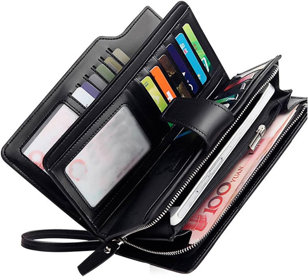 Rfid Women's Wallets Ladies Clutch Leather Wristlet Card Phone Organizer Zipper Purse (Black), Large