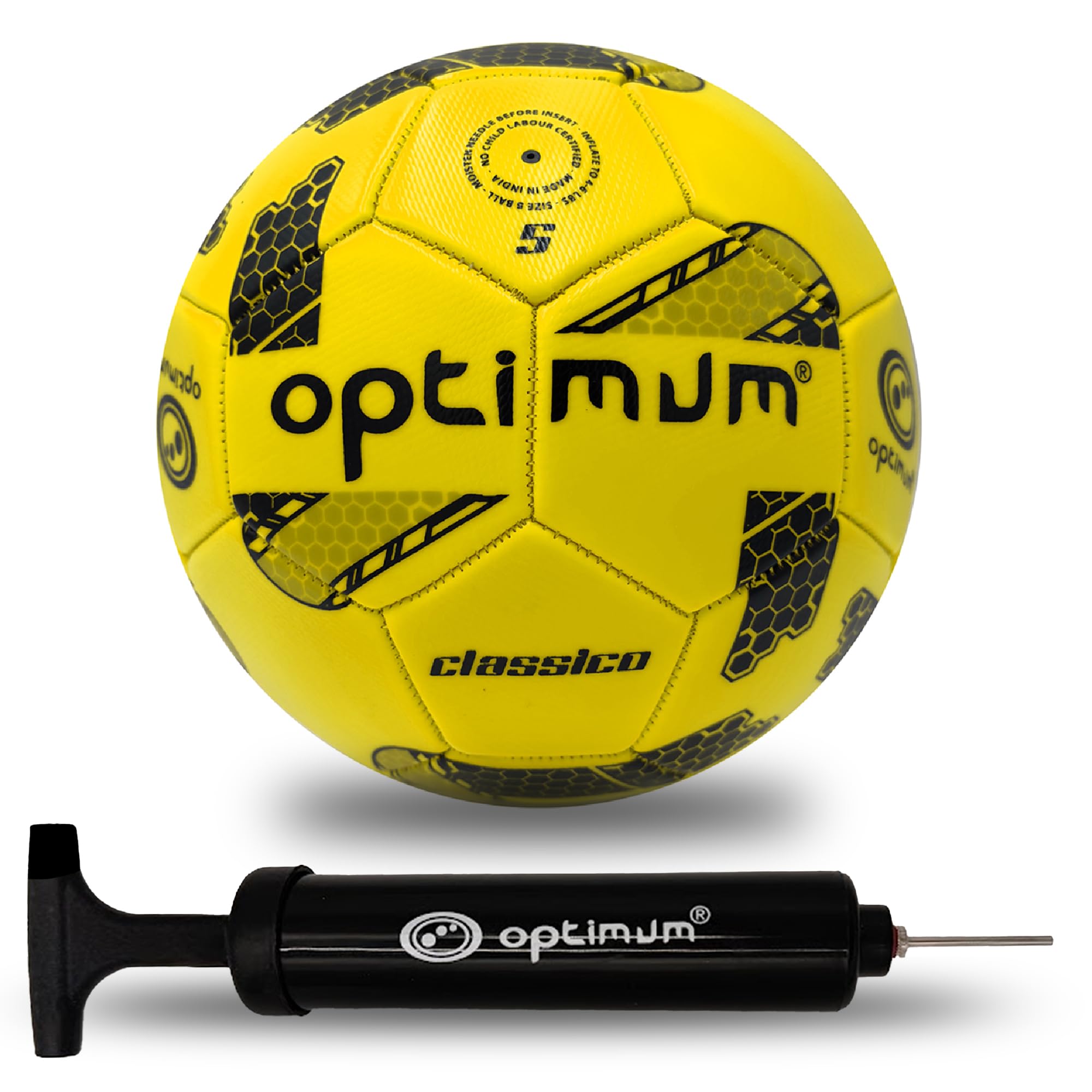 Optimum Sport Classico Football for Indoor/Outdoor Training & Matches, Durable Valve for Consistent Flight, Precision Control & Lasting Air Retention – Size 3, Ball Pump Included, Yellow