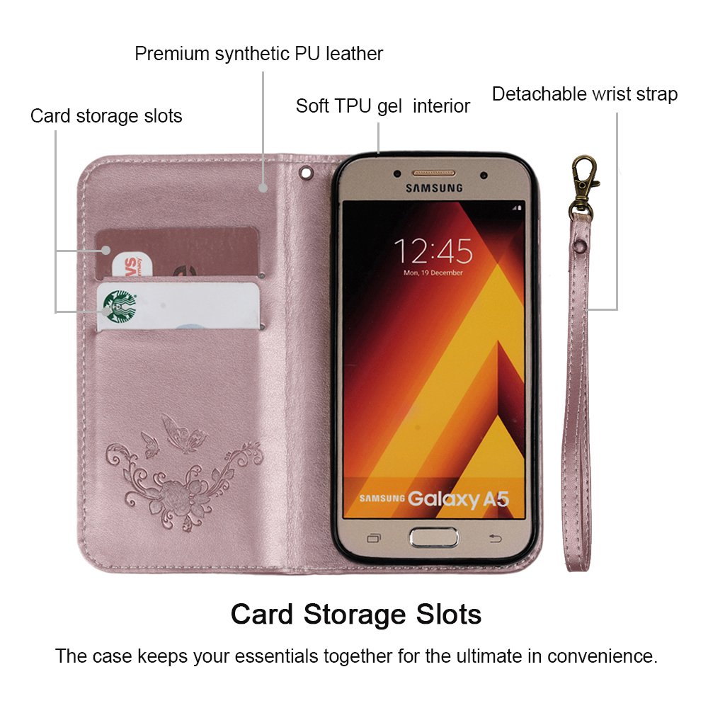 A5 2017 Case - MAXFE.CO for Samsung A5 2017 Case Embossed Butterfly Rose Gold PU Leather Flip Stand Cover Case for Samsung Galaxy A5 2017 (5.2 Inch) with Dual Layer Hand Strap Card Holder [Magnetic Closure] - Rosy Gold