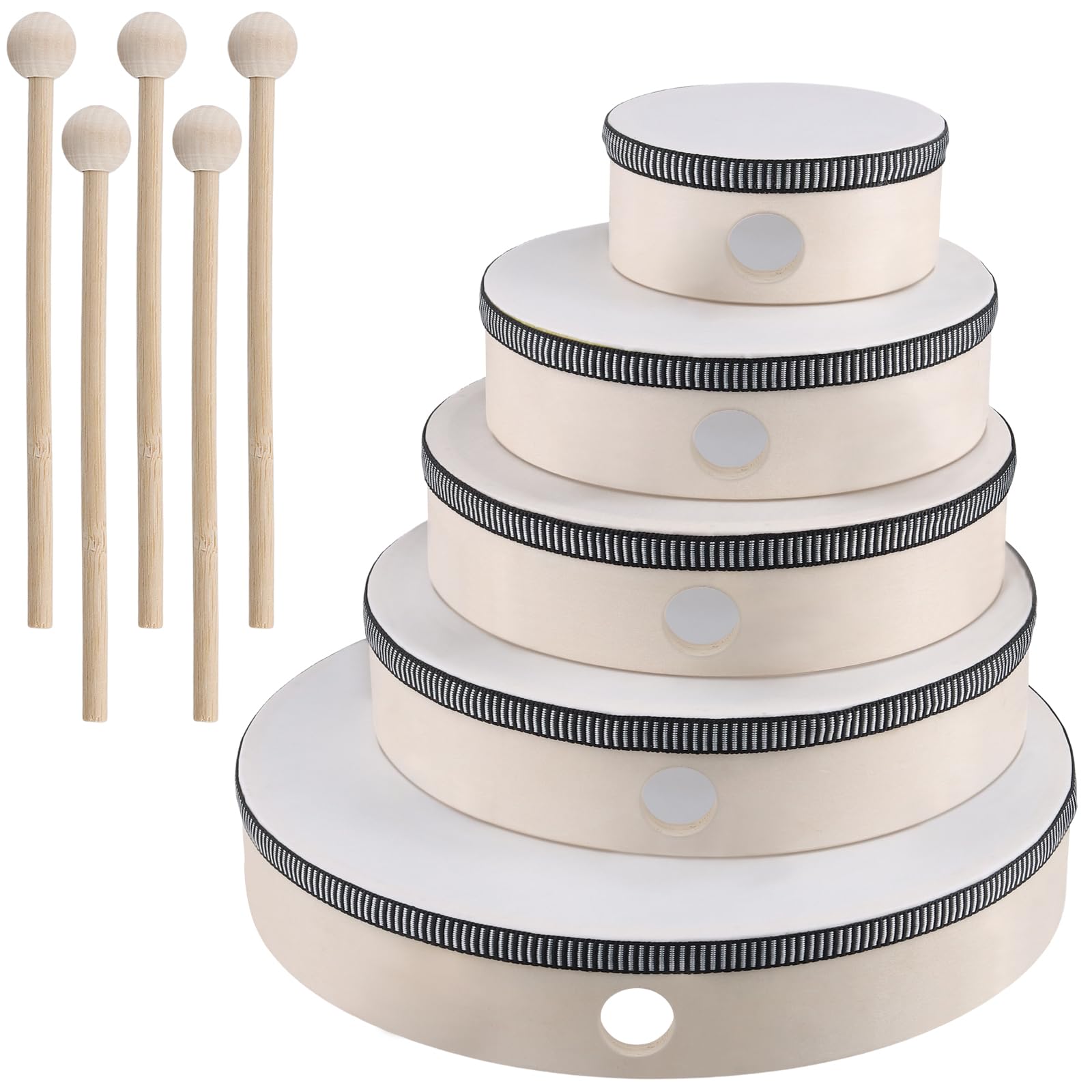 JEUIHAU 5 Pack Hand Drum Set, 4 Inch 6 Inch 7 Inch 8 Inch 10 Inch Frame Drum Kit with Drum Stick, Wood Frame Drum for Beginners Party Supplies