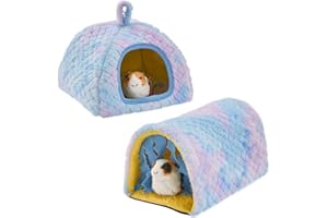 Avont 2 Pack Guinea Pig Hideout Bed and Tunnel Toys Set with Curtain, Washable Soft Plush Bunny Hideaway House Tube Cage Accessories for Small Animal Pet, Rabbits Chinchilla Hamster Ferret Rat -Blue