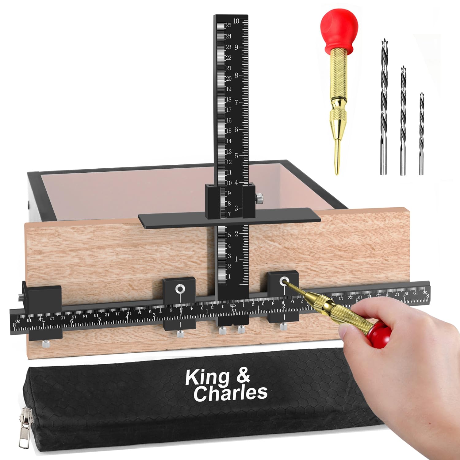Photo 1 of Cabinet Hardware Jig, King&Charles Aluminum Alloy Cabinet Handle Jig + Auto Hole Punch + Point Drils Bits, Use for Handles Knobs Pulls on Drawers/Doors, Wood Drilling Dowelling Guide Set.