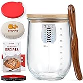 Snuvid 1 L (34 oz) Sourdough Starter Jar Kit, Wide Mouth Potbelly Crock - Glass Sour Dough Starter Bread Jar Set - Sourdough Baking Supplies - Sour Dough Bread Accessories Gifts for Sourdough Lovers