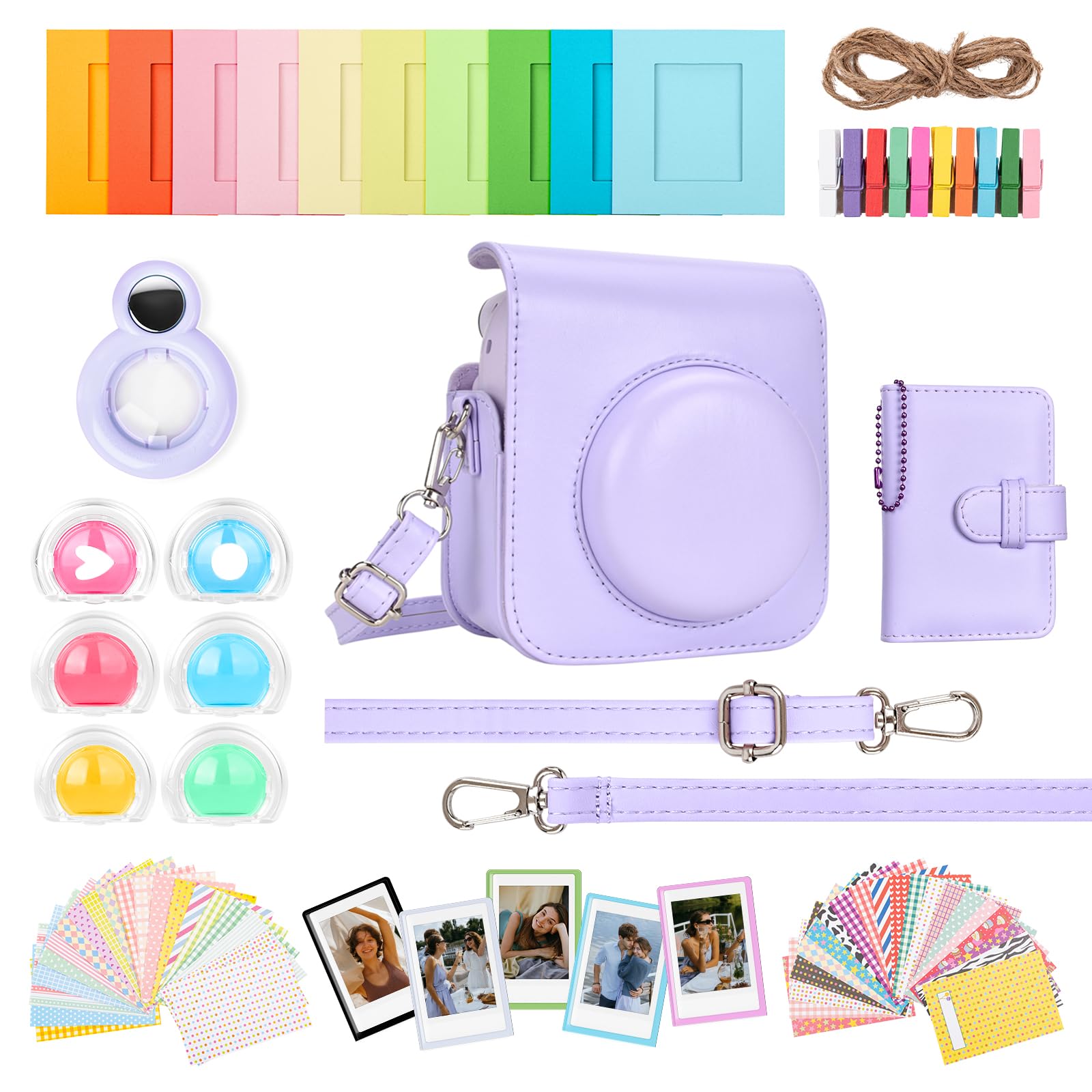 HIYQIN 8 in 1- Camera Case and Accessories Compatible with Fujifilm Instax Mini 12, Mini 12 Case/Photo Album/Photo Frame & Stickers/Lens Filter/Selfie Mirror - Lilac Purple
