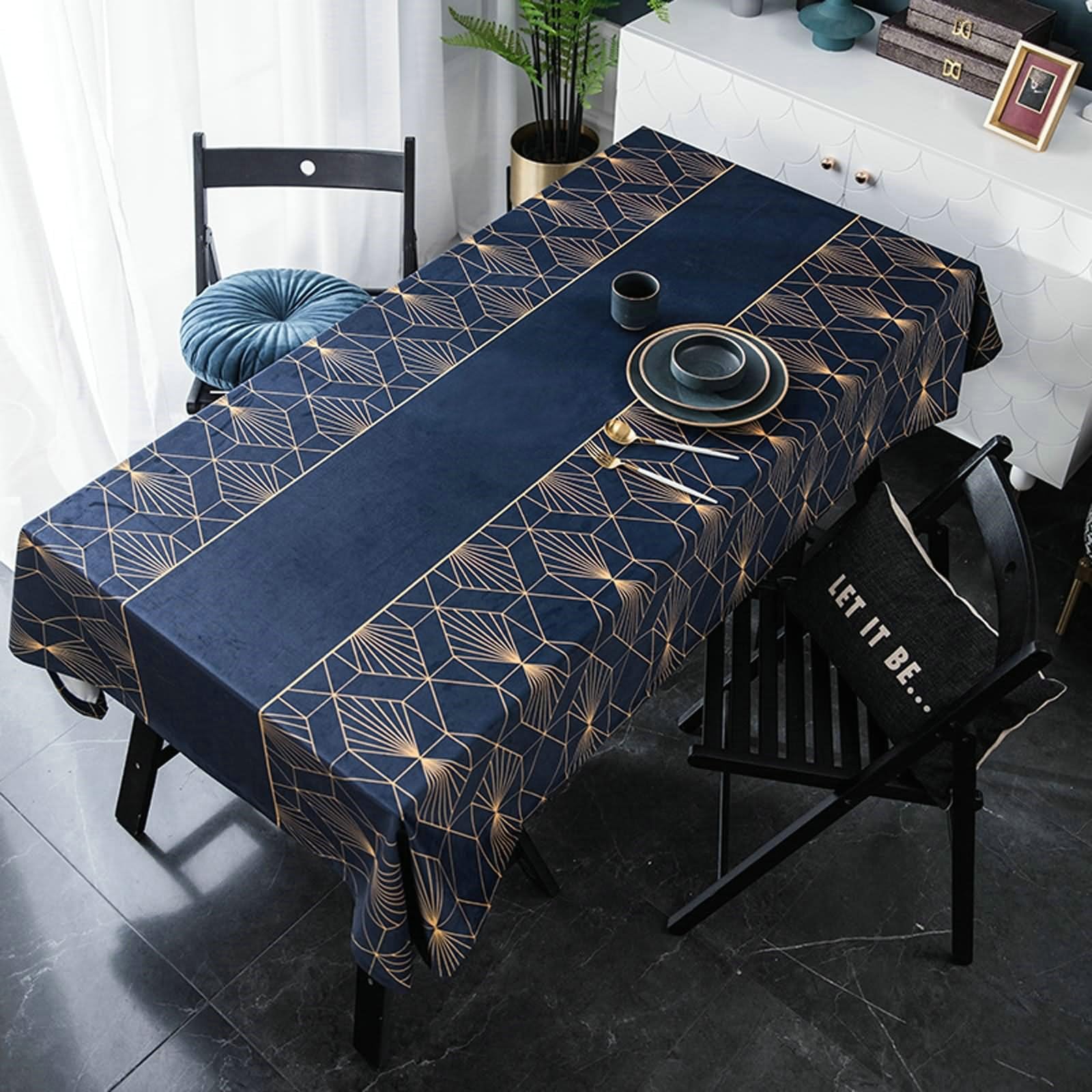 Bishilin Navy Blue Table Cloth, Dining Table Cover Gold Line Washable Tablecloths Rectangular 39 x 55 Inch for Kitchen Dinning