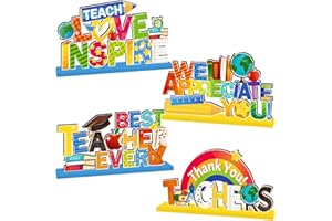 XHCYGWY 4Pcs Teacher Appreciation Decorations Table Wooden Centerpiece Best Teacher Ever Decorations Table Topper Photo Prop for Home School Classroom Tiered Tray Decor