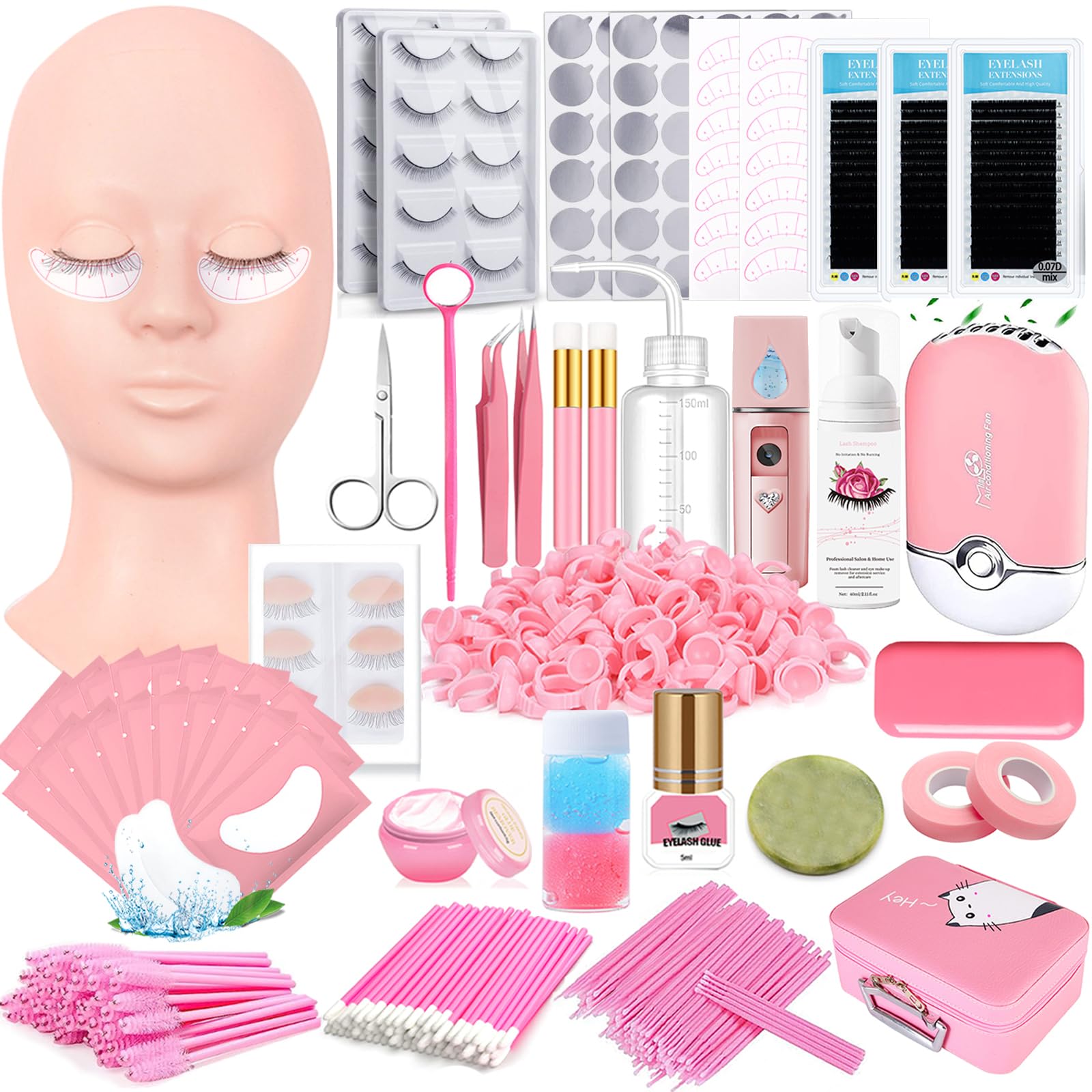 QUKLOGEN Lash Extension Kit Eyelash Practice for Beginners Professional Set with Mannequin Head Removable Eyelids USB Fan Spraye Individual False Lash Eyelash Strips Shampoo Brush Supplies Storage box