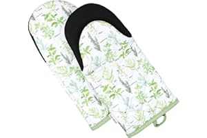 Sage+Stitch Heat Resistant Designer Kitchen Oven Mitts with Neoprene Non-Slip Grips and Hanging Loops | Set of 2 100% Cotton Long Sleeve Kitchen Oven Mitts | 5.5" x 12" | Green Herbs