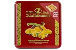 Zalatimo Sweets Since 1860, 100% All Natural Assorted Mamoul Shortbread Cookies, Square Metal Gift Tin, Slightly Sweet Cookies, Pistachio, Walnuts, Dates, No Preservatives, No Additives, 1.7Lbs