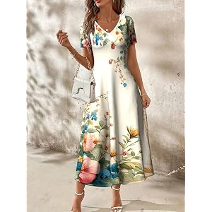 Women V Neck Short Sleeve Floral Print Midi Dress Casual A Line Long Dress with Side Pockets