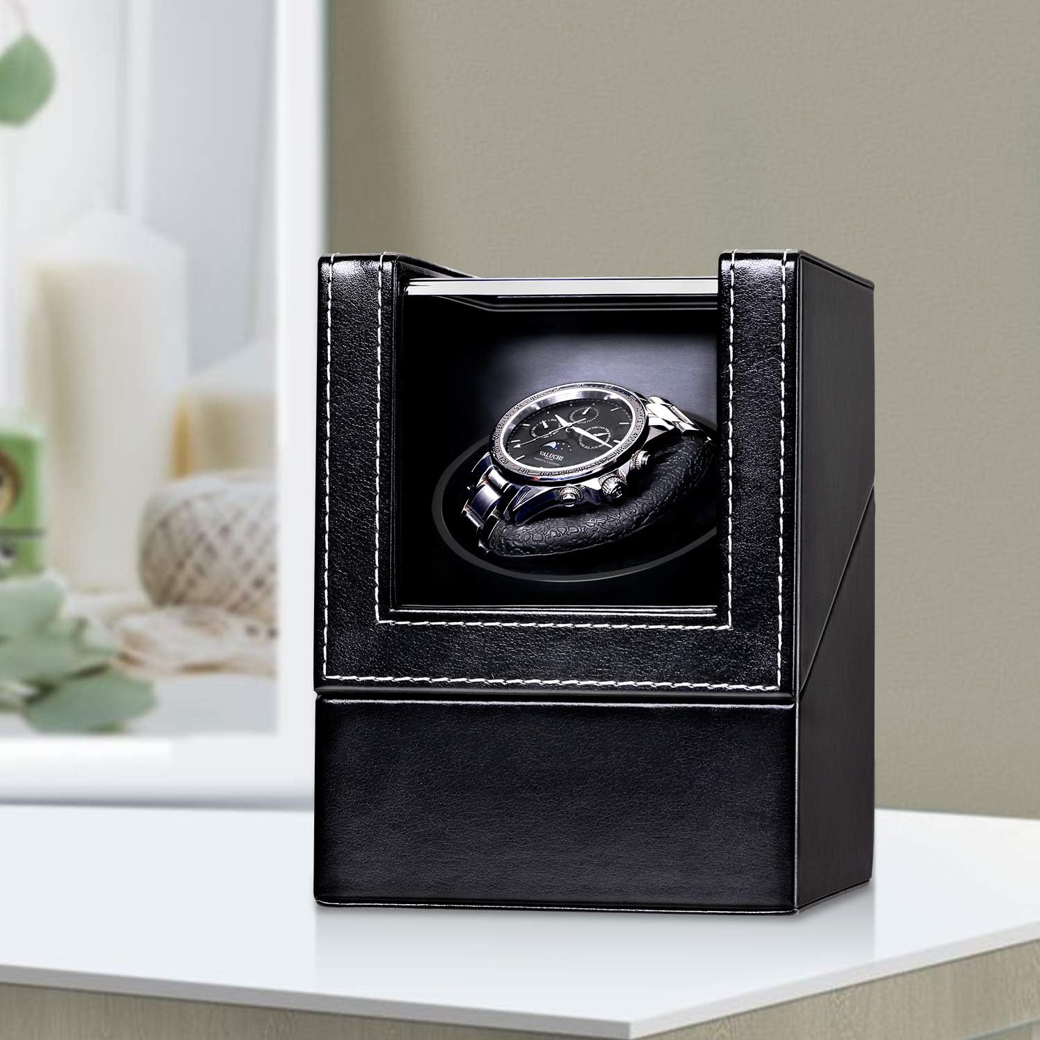 Automatic Single Watch Winder with Durable Watch Leather Pillow Stable PU+Wood Watch Turner Box Mabuchi Motor Watch Spinner Case Fit Lady and Man Watches Include USB+DC Cable: Watches