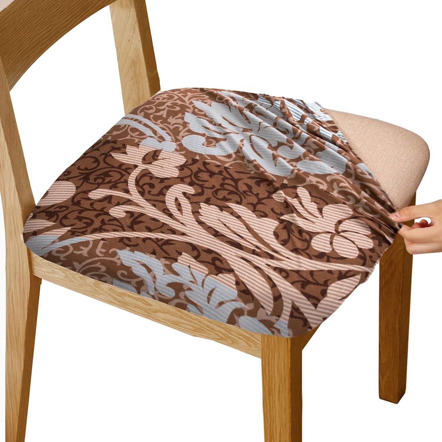 Gute Stretch Printed Chair Seat Covers with Elastic Ties and Button, Removable Washable Dining Upholstered Chair Protector Seat Cushion Slipcovers for Dining Room, Office,Brown 4 Pack