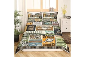 jejeloiu Fish Comforter Cover Set Vintage Fish Stamp Pattern Bedding Set for Boys Girls Children Fishing and Hunting Brown Green Bedding Duvet Cover Set Room Decor Twin Size with 1 Pillow Case