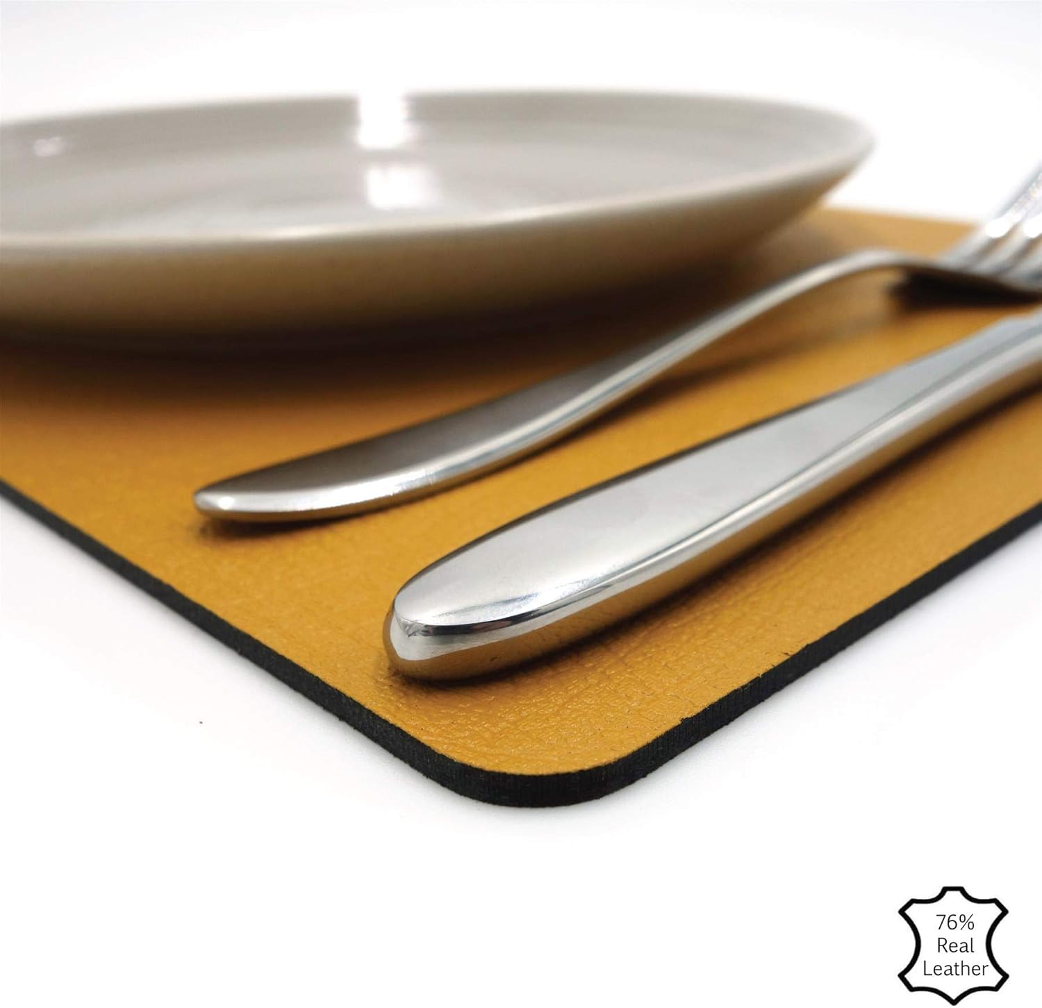 Set of 6 Large Mustard Yellow Recycled Leather Placemats (42cm x 26.5cm). Made in The UK by Lara-May - Image 3