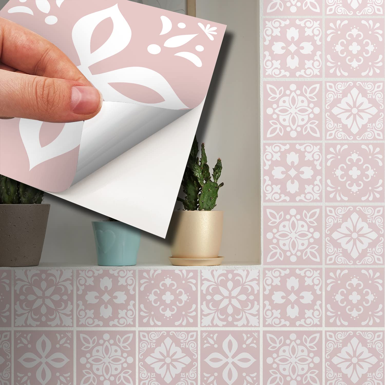 WALPLUS 120 pcs 15cm Sevilla Light Pink Tile Stickers Peel and Stick Self-Adhesive Vinyl Wall Tiles for Kitchen Bathroom Backsplash DIY Home Décor Spring Easter Decoration