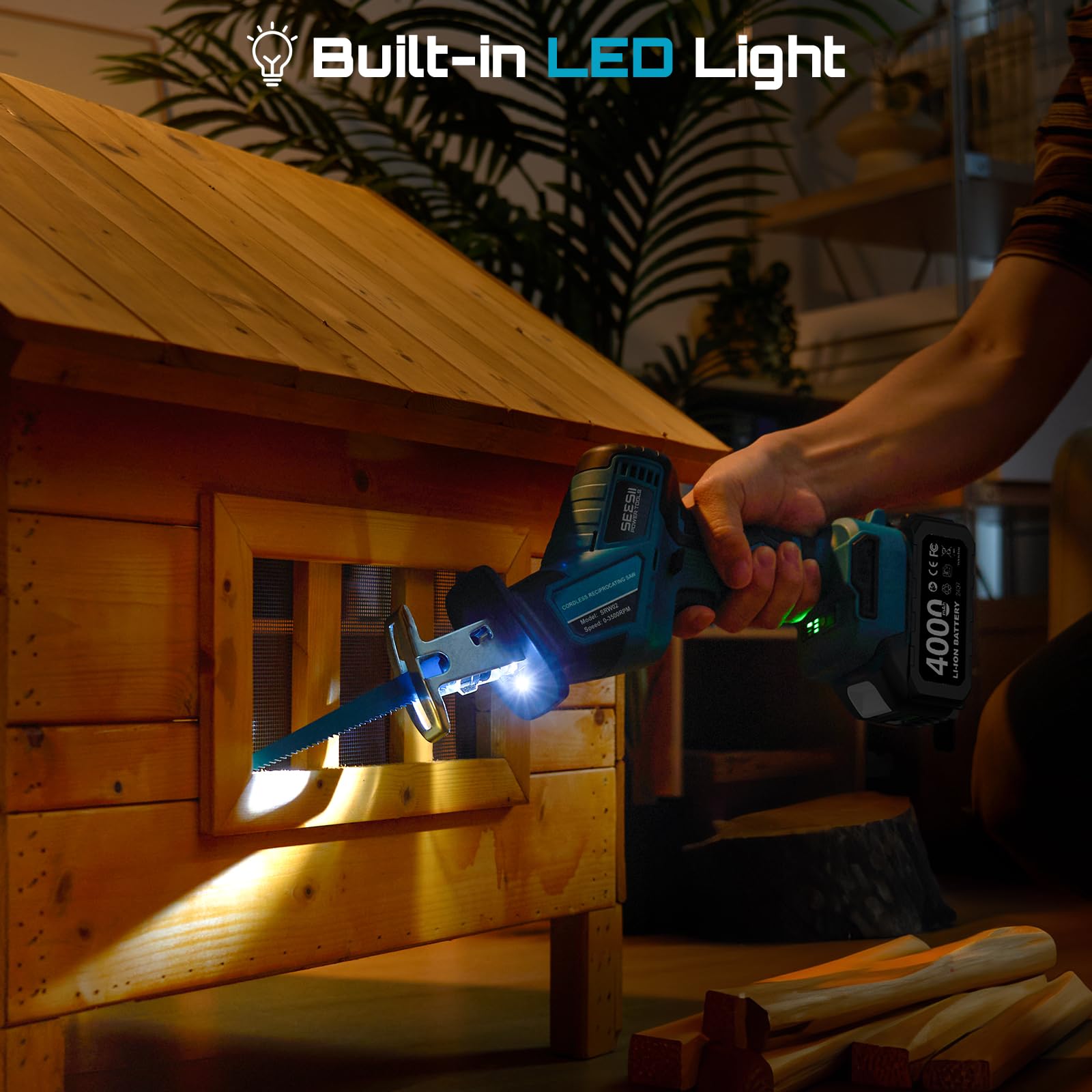 SEESII Säbelsäge Akku, 3500 RPM Bürstenloser Motor Akku Universalsäge mit 2 x 4.0Ah Batterien, LED Licht, 6 Sägeblätter tragbar für Holz PVC Schneiden 5