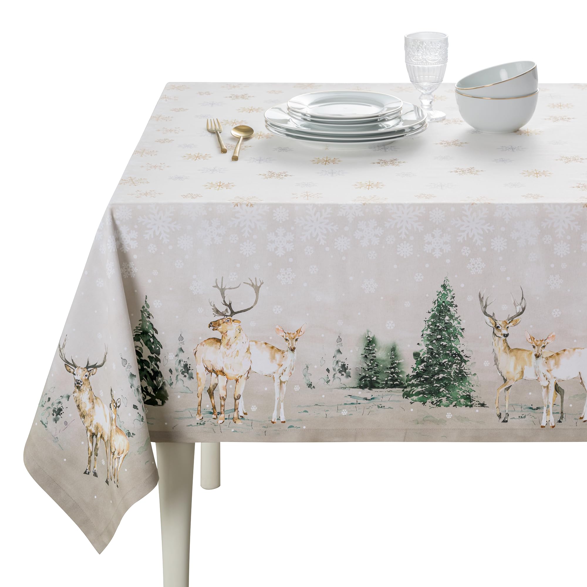 Maison d' Hermine Table Cloth Rectangle Table 100% Cotton 180 cm x 140 cm Tablecloth Reusable Everyday Use for Christmas Decorations Dining Farmhouse Home Party Festive (Deer in The Woods)