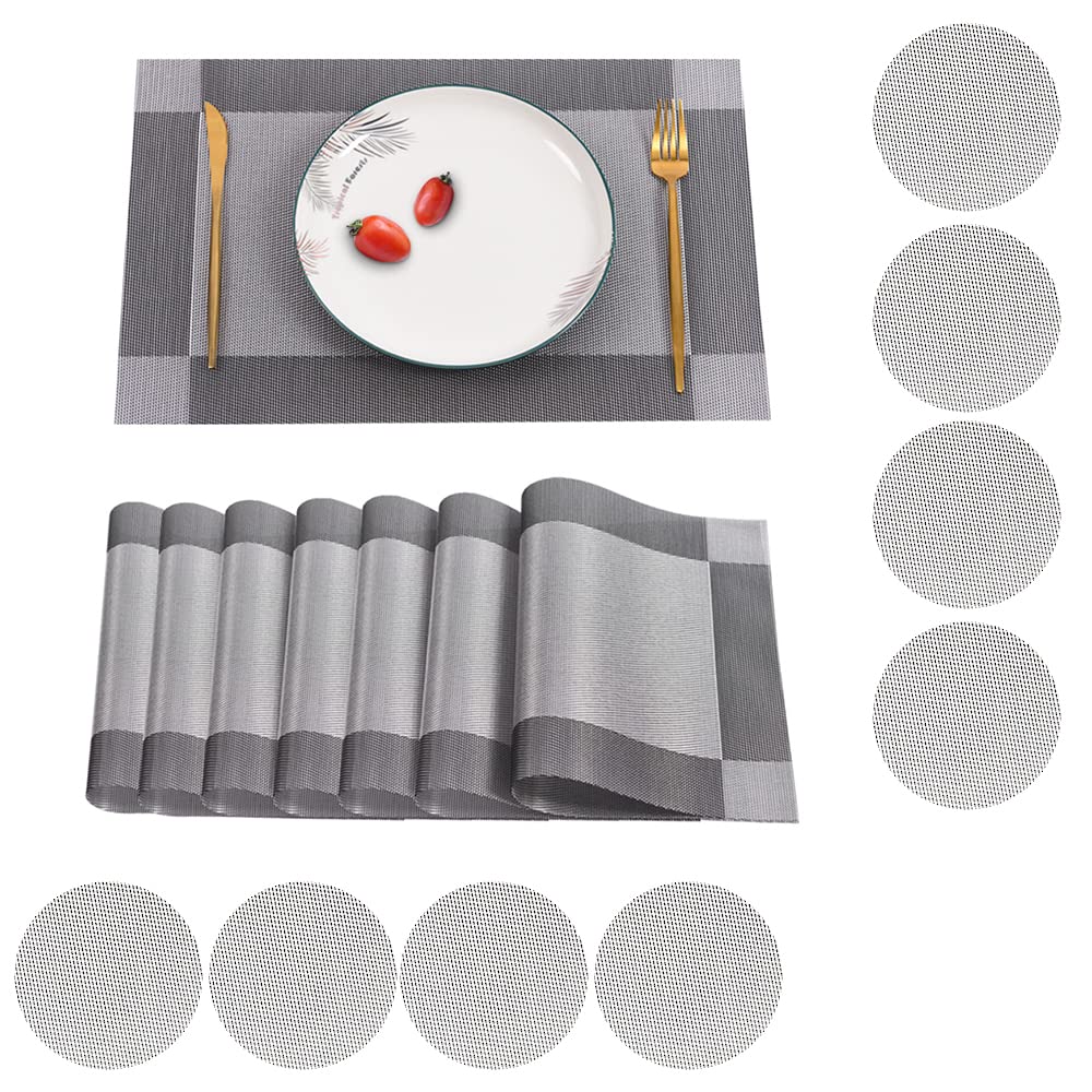 Sgehai Woven Grey Placemats and Coasters Set of 16, Outdoor, Heat Resistant, Non-Slip, 45cm x 30cm
