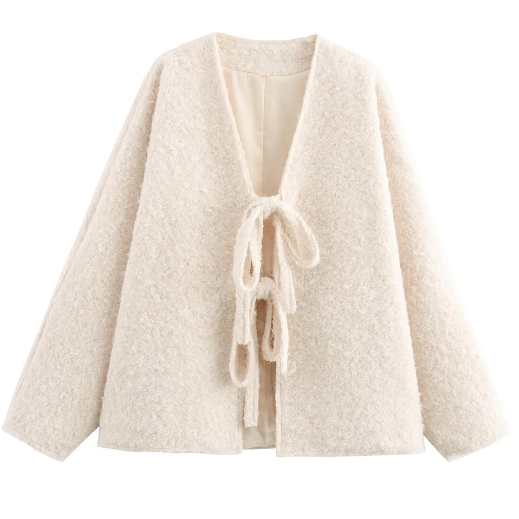 Photo 1 of Wyeysyt Womens Fuzzy Tie Front Jacket Oversized V Neck Long Sleeve Causal Coat Bow Furry Jacket Outerwear(Beige-L)