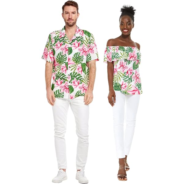 Matching Couple Hawaiian Shirt & Off-Shoulder Ruffle Top - Sunset Neon Luau Outfits For Women & Men - View #5